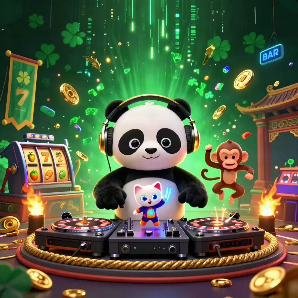 DJ panda, monkey, and glow-stick kitten in a neon casino rave with magic gold effects