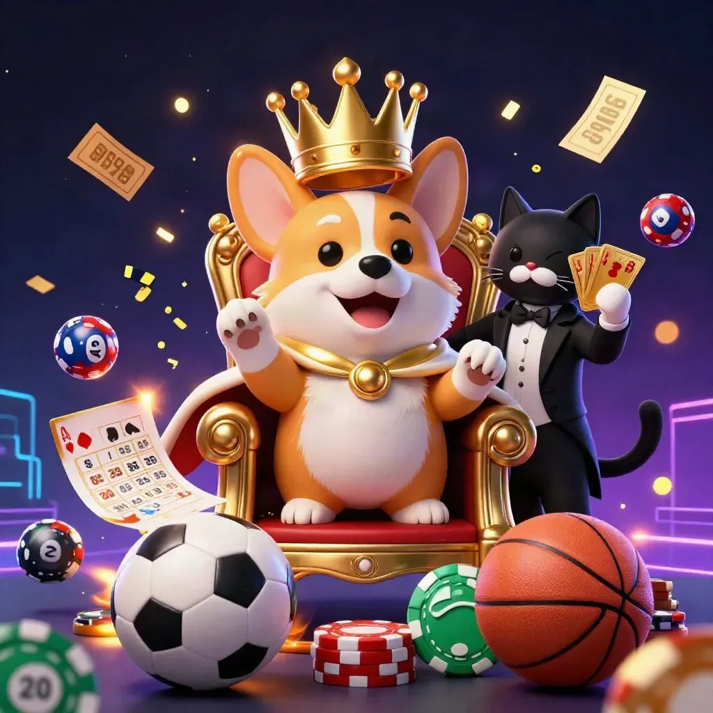 Crowned corgi and cat butler amid casino chips, lottery balls, and flying sports balls