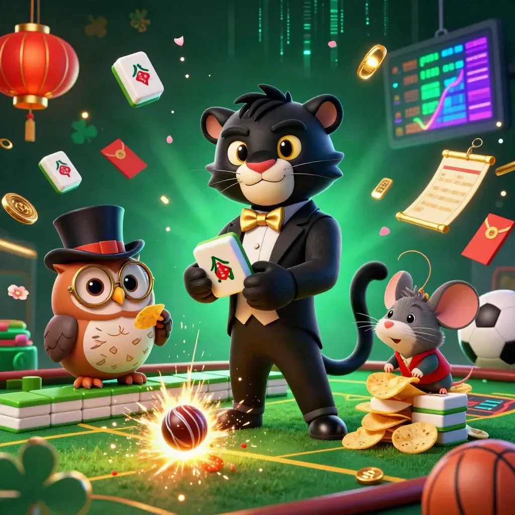 Panther, owl, and mouse amid casino chips, lanterns, and a flying cricket ball.