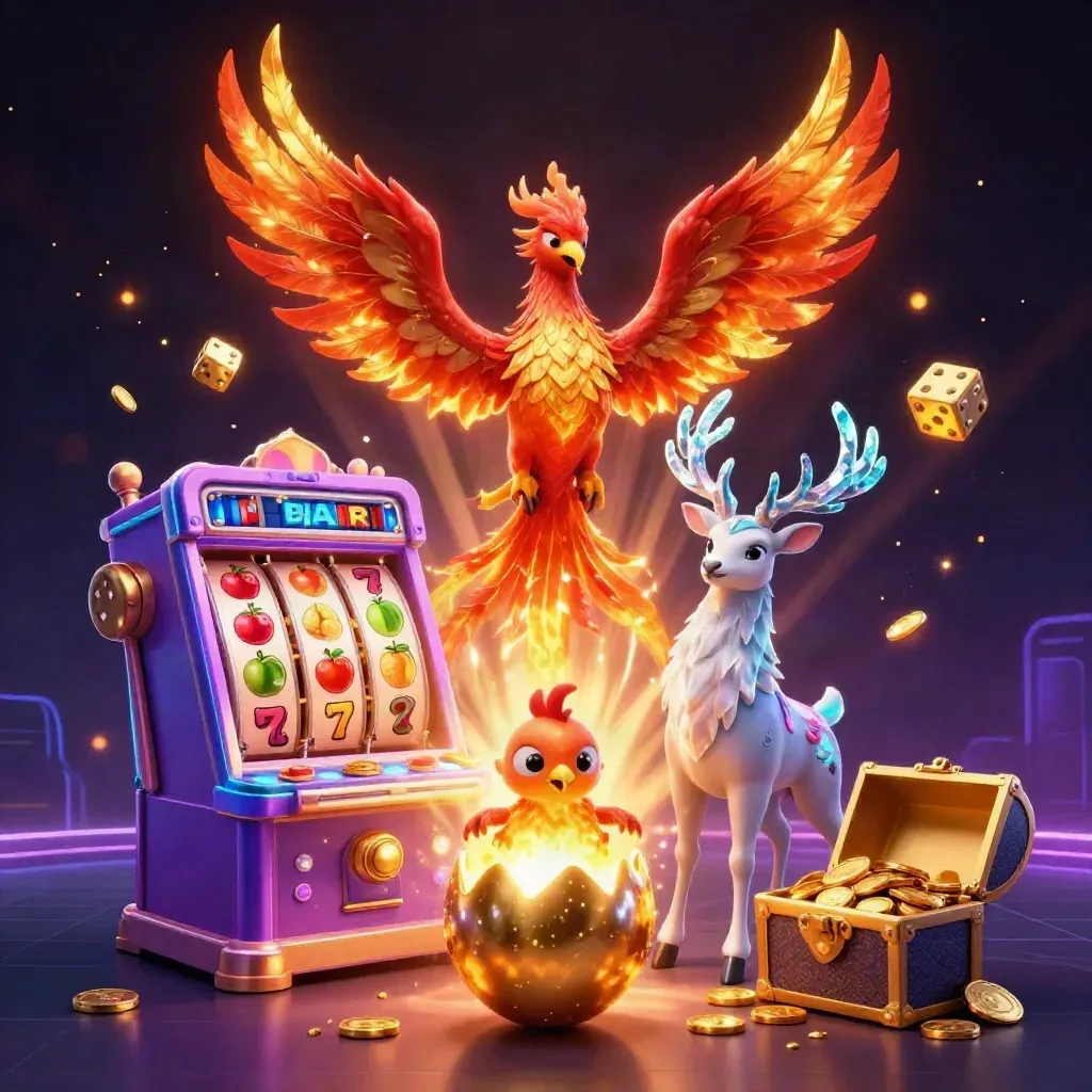 Phoenix, baby phoenix, and crystal stag amid slot magic, gold, dice, and treasure.