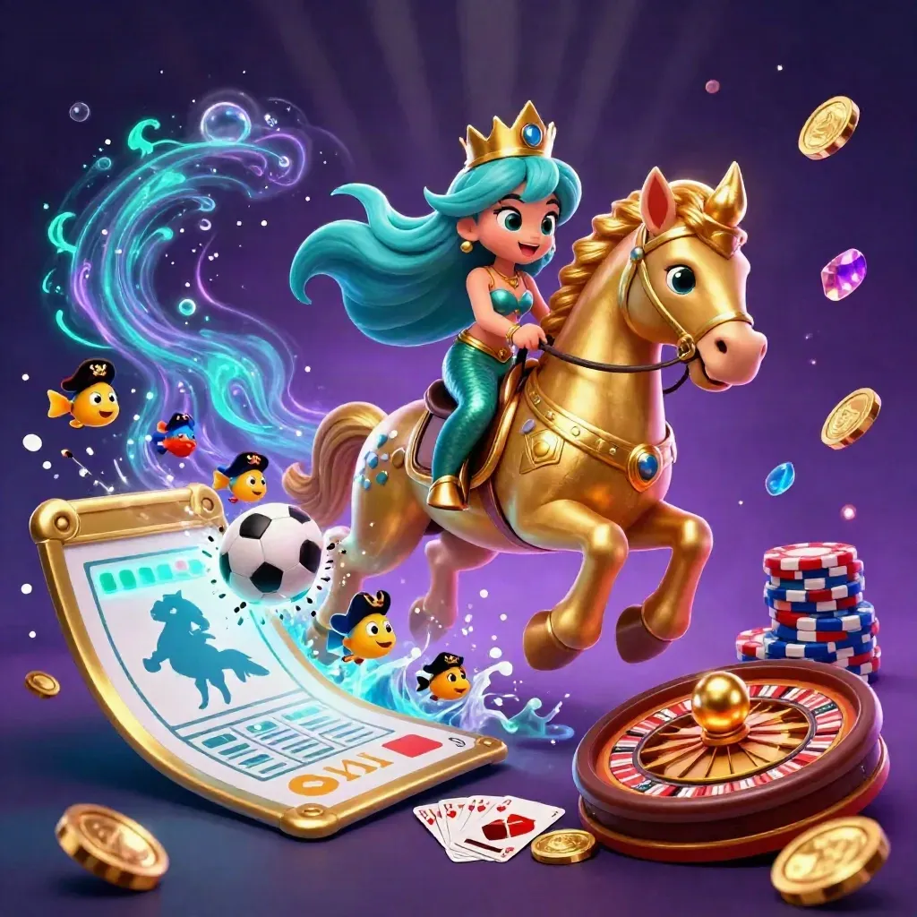 Mermaid princess on golden seahorse amid casino icons, chips, coins, and glowing sports balls