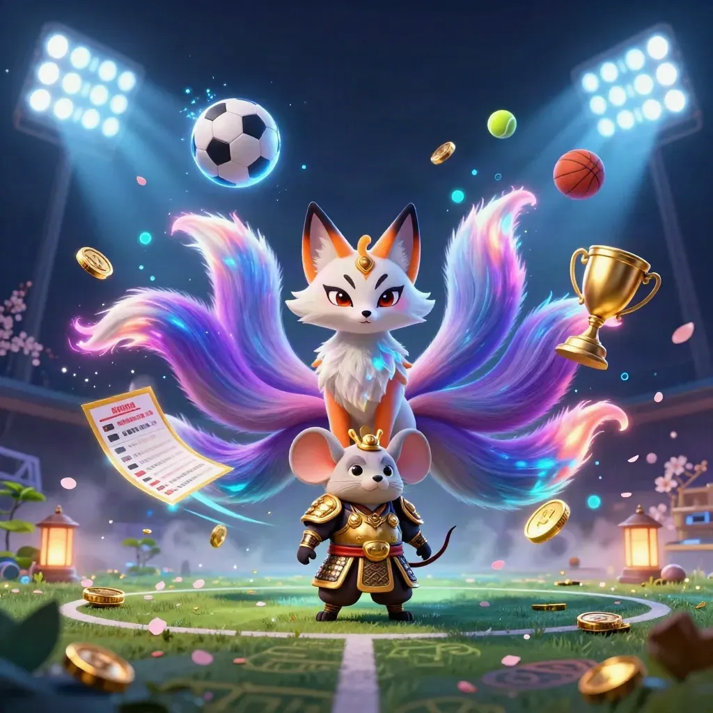 Neon fox spirit and armoured mouse amid flying sports balls, coins and gold lights.