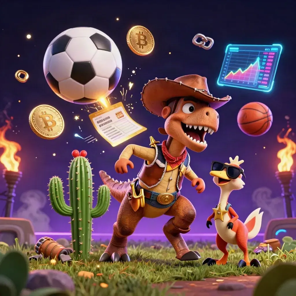 Cowboy T-Rex, cactus and roadrunner amid casino coins, sports balls and neon magic