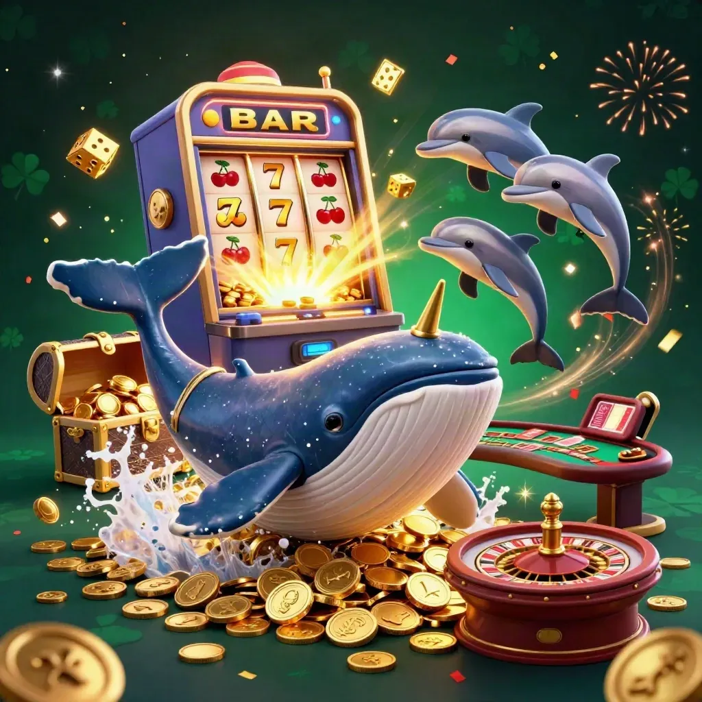 Whale captain, narwhal, and dolphins amid coins, slot bursts, and magical casino lights.