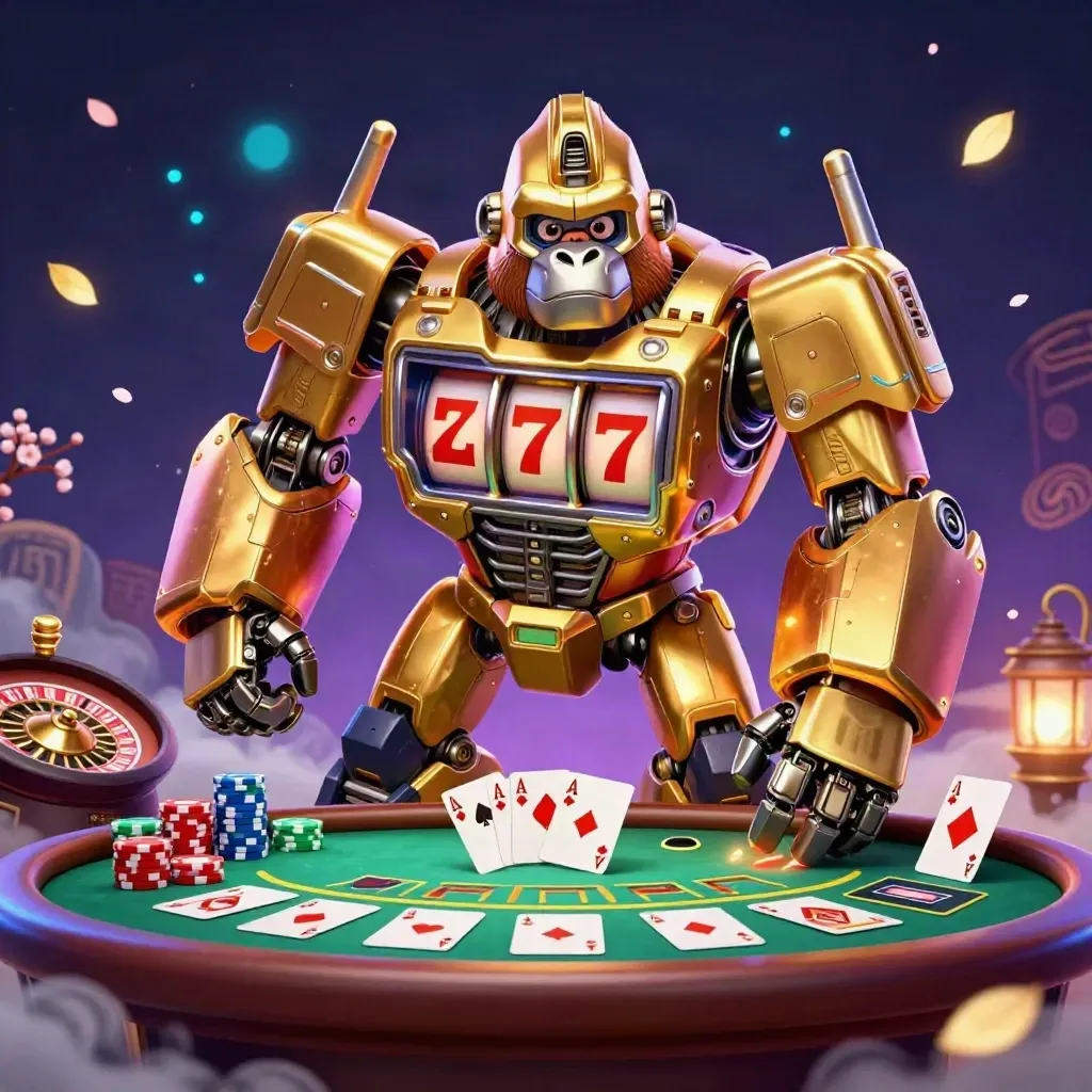 Golden gorilla mech with tiny monkey pilot, poker table chaos, roulette spin, neon casino magic.