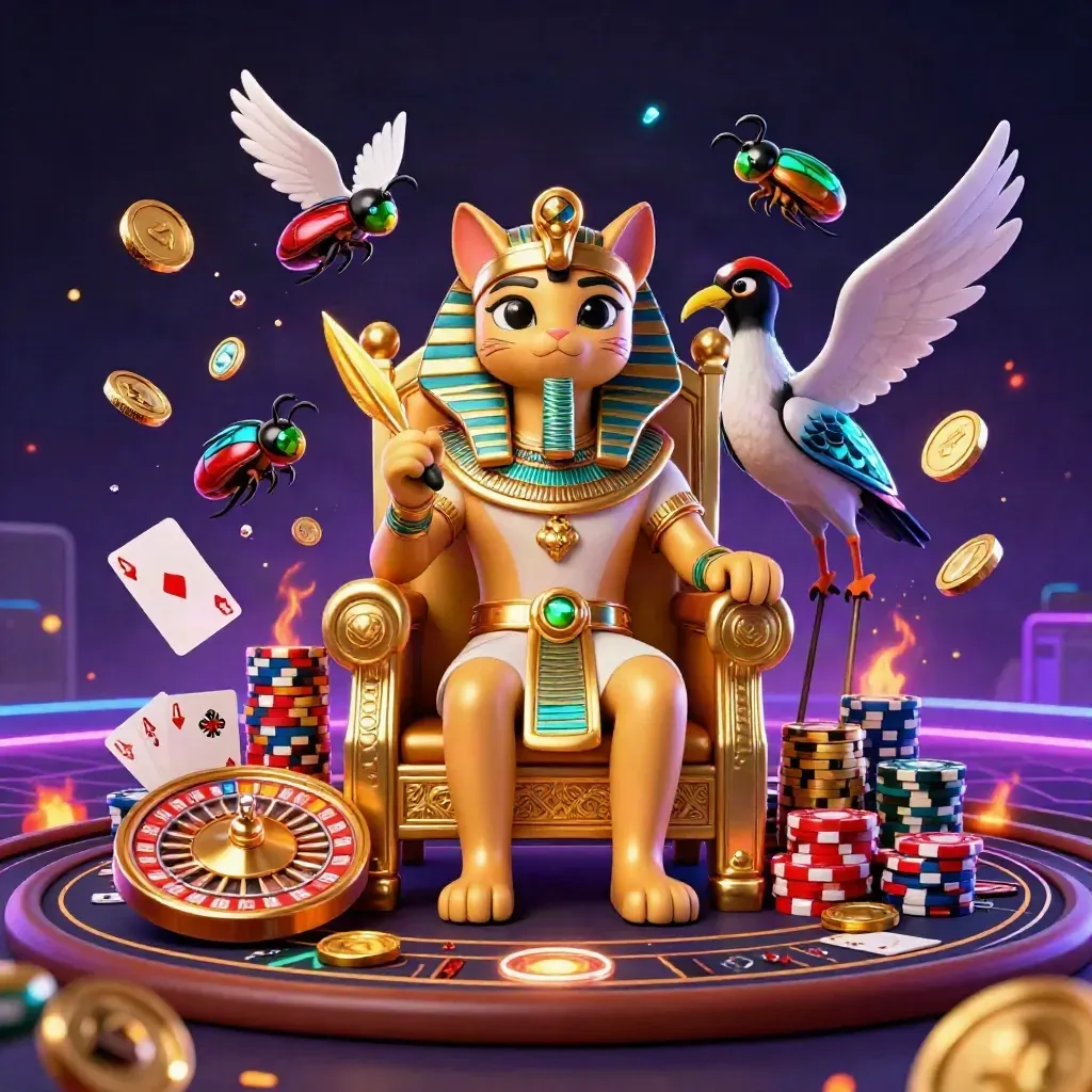 Pharaoh cat, ibis scribe, and gem-winged scarabs amid casino lights and gold sparks.