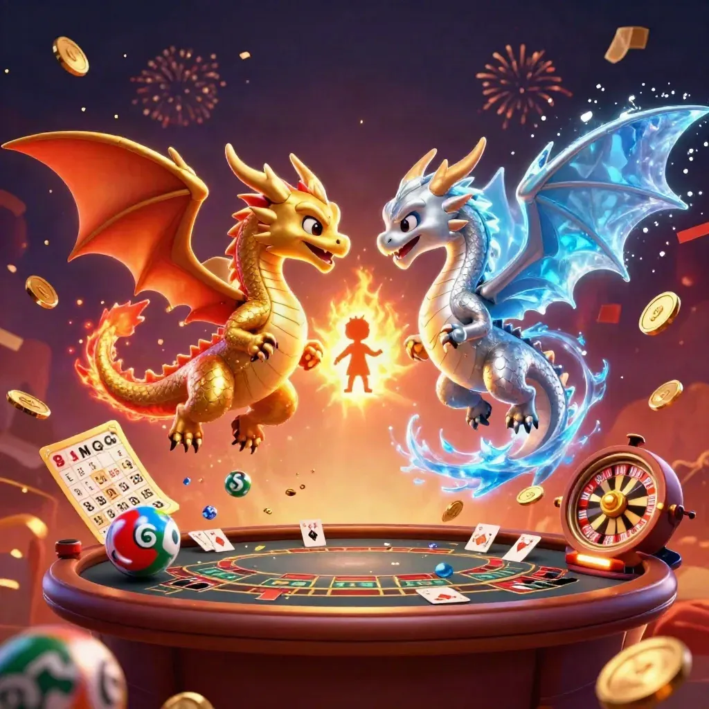 Twin dragons swirl in a fiery casino fantasy with a lantern spirit and glowing game props.
