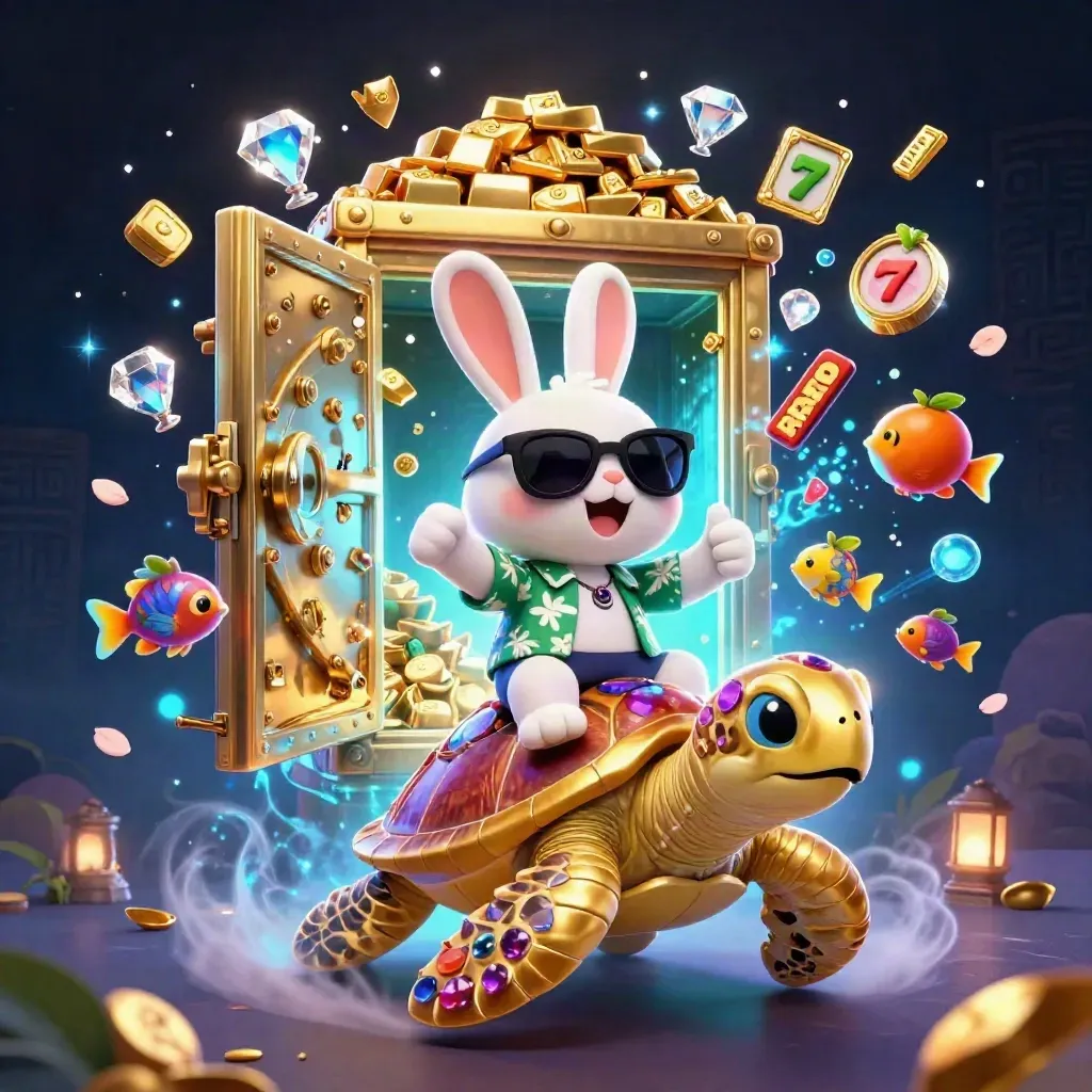 Lucky rabbit on a gem-shell turtle as a treasure vault bursts with gold, gems, and cyan magic