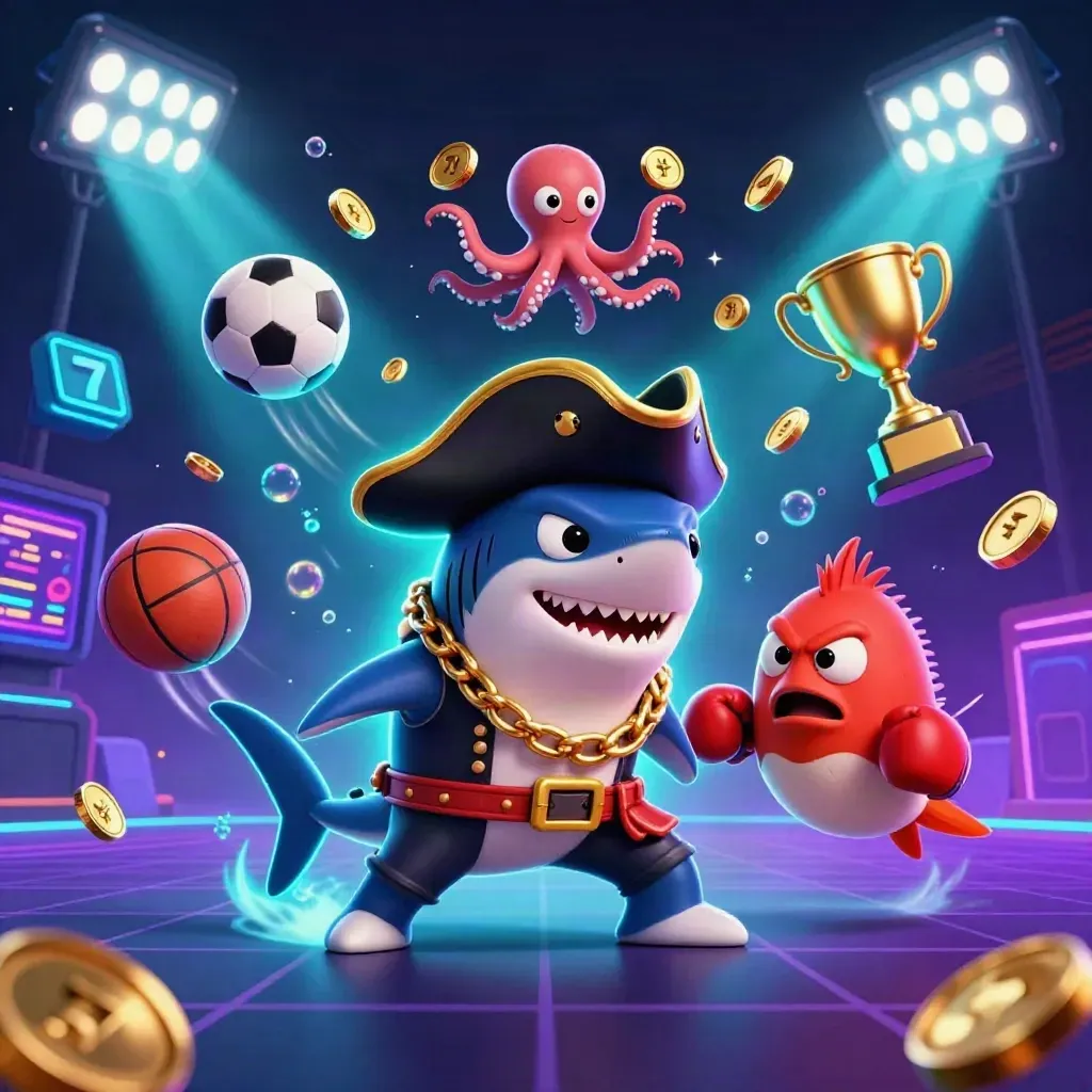 Pirate shark, boxing pufferfish, and coin-juggling octopus amid neon sports chaos.