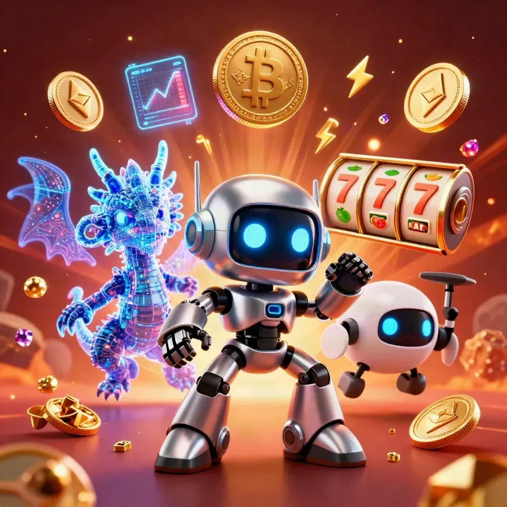Chrome robot, holographic dragon, and coin drone explode with gems, coins, and magic-light.