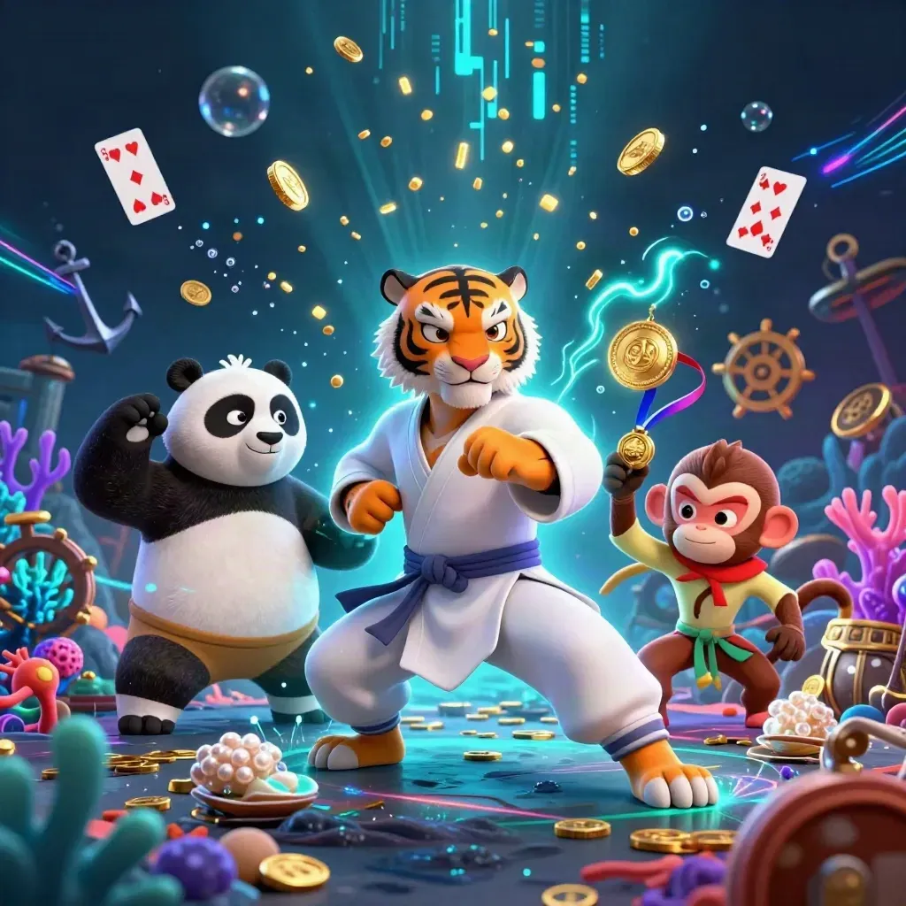 Tiger, panda and monkey in a glowing underwater treasure cove with cyan magic and gold coins