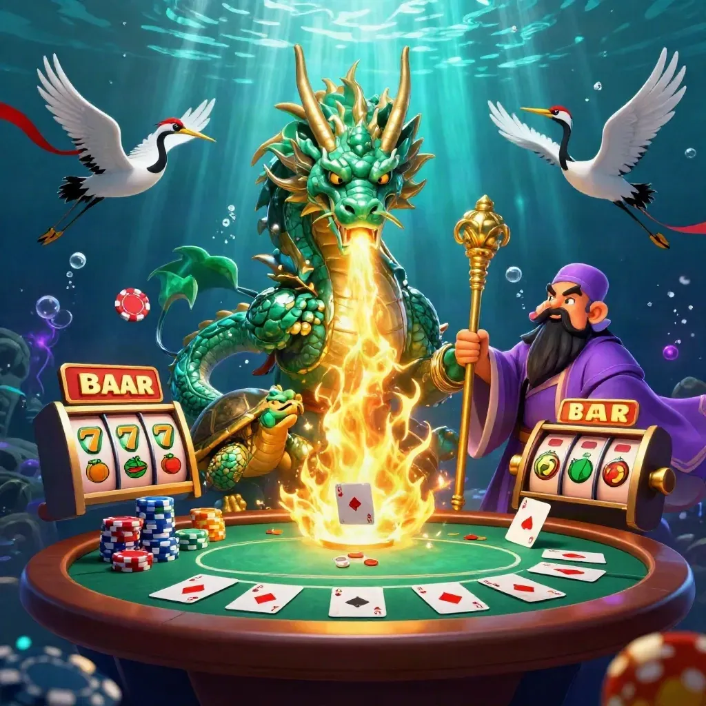 Emerald dragon, turtle sage, and cranes amid casino treasures under glowing underwater light.