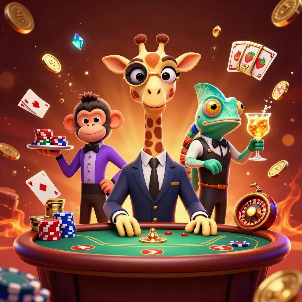 Giraffe high-roller, monkey valet, and chameleon bartender amid casino magic and flying gold.