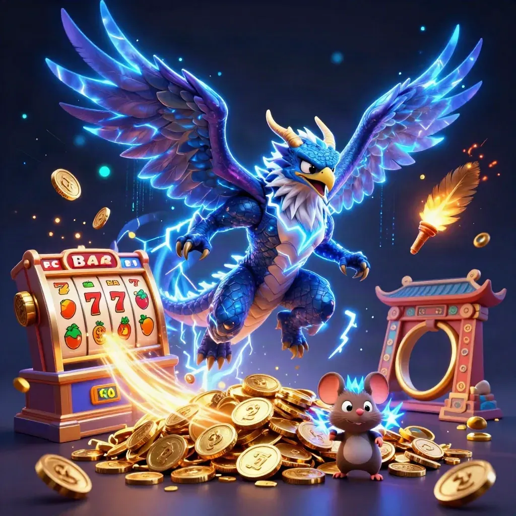 Dragon, hawk, and thunder-mouse amid coins, reels, temple gate, and lightning in luxe casino art.
