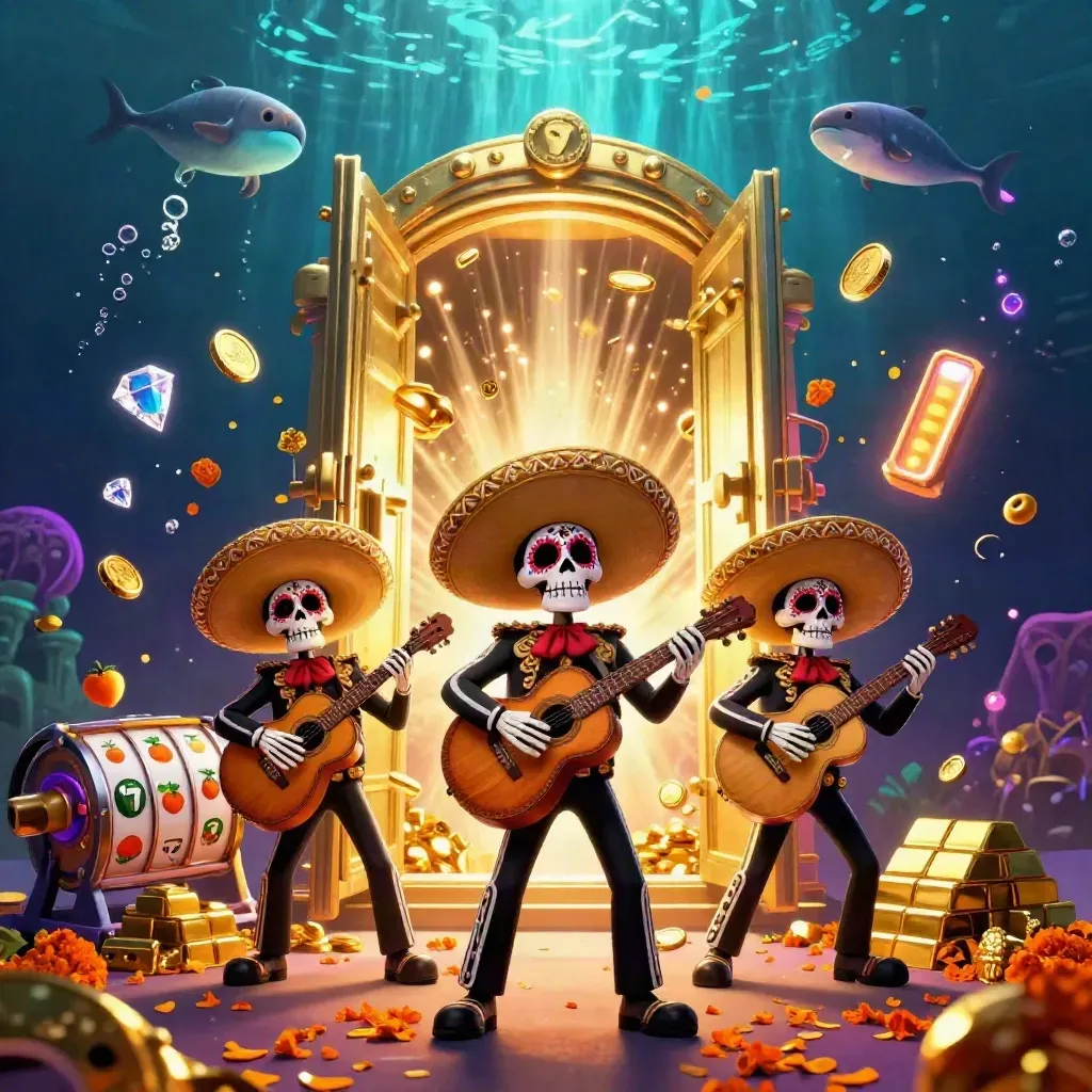 Skeleton mariachi trio celebrating amid vault bursts, gold coins, gems, and neon underwater glow.
