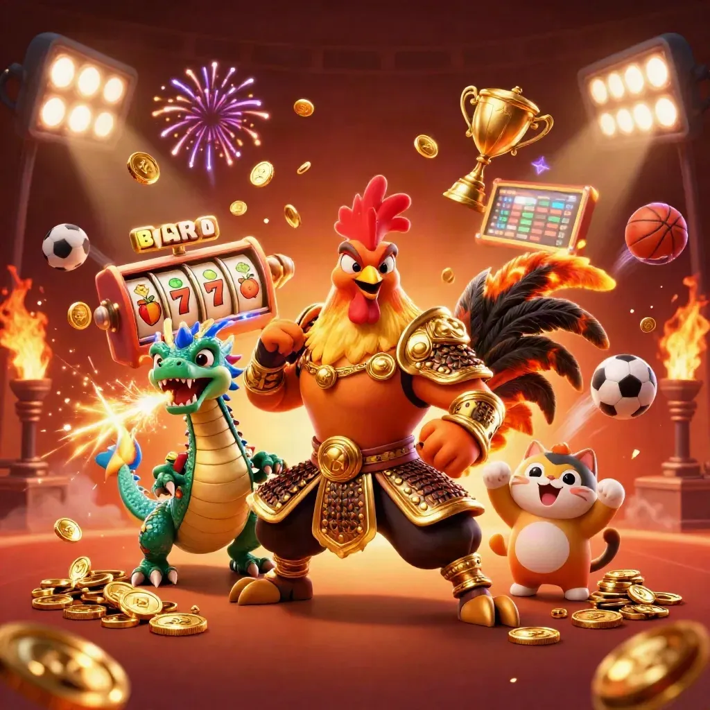 Rooster warrior, dragon hatchling and fortune-cat amid casino treasure, coins and fireworks