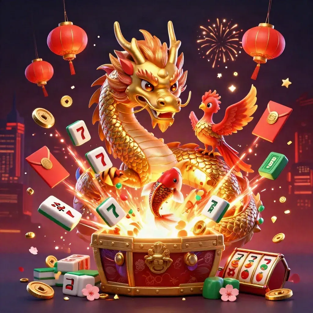 Golden dragon, phoenix, koi and casino treasures burst amid fireworks on a dark luxe backdrop.