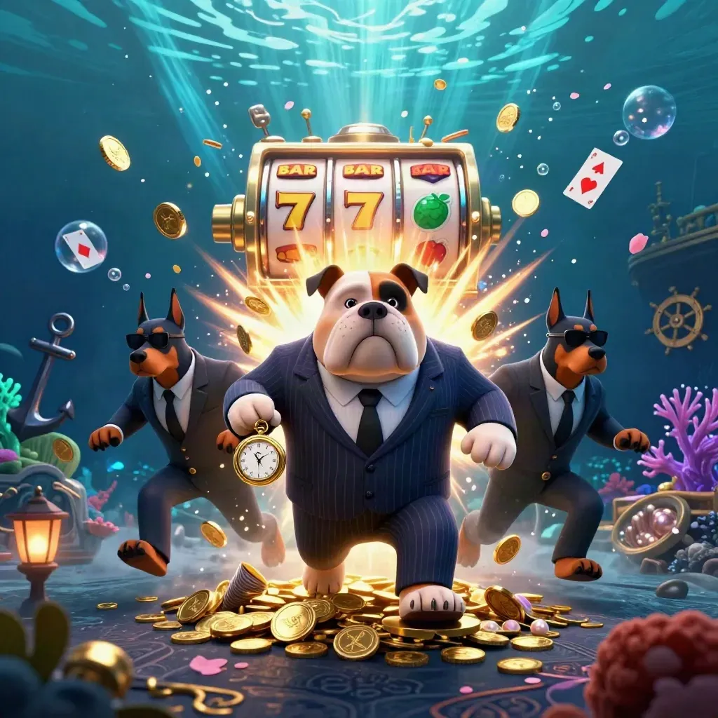Bulldog mob boss with Dobermans in an underwater gold vault blast, coins, reels, coral, and fireworks