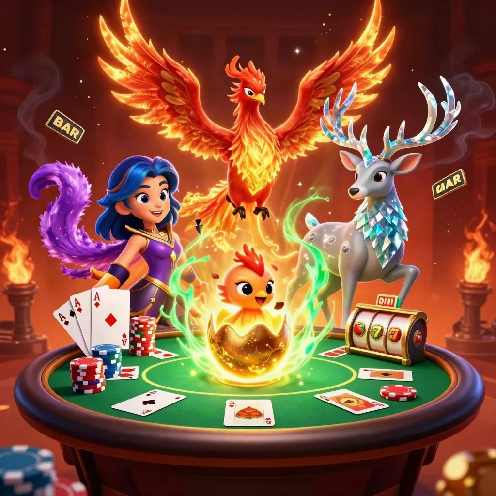 Phoenix, baby phoenix, and crystalline stag amid casino props and glowing embers.