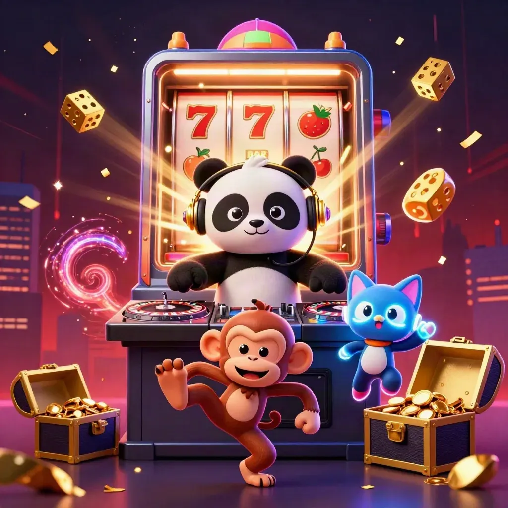 DJ panda, dancing monkey, and glow-kitten with slot machine chaos and gold