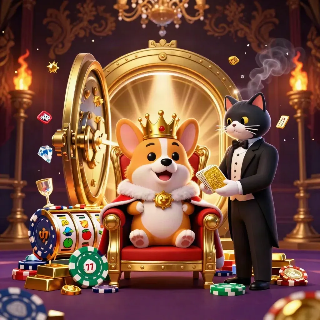 Crowned corgi and cat butler amid vault gold, chips, reels, gems, and dramatic casino lighting.