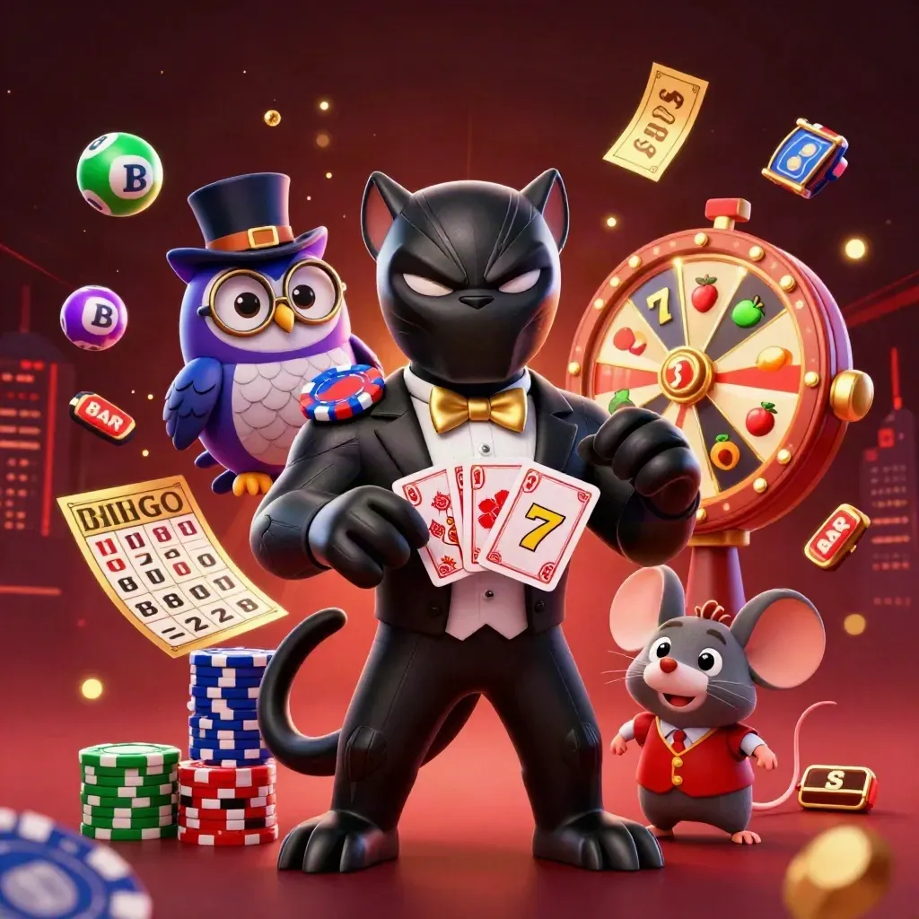 Tuxedo panther, owl, and mouse amid reels, chips, bingo card, tickets, and gold sparks.