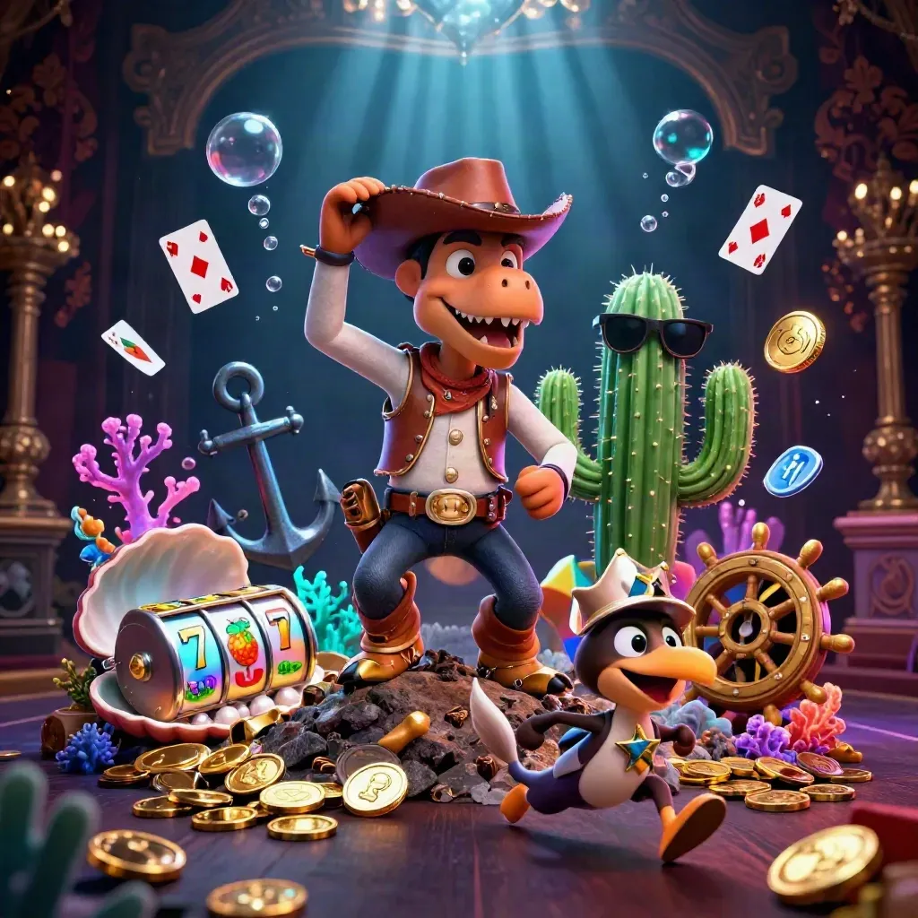 Cowboy T-Rex, cactus, and roadrunner amid glowing casino treasure and slot reels.