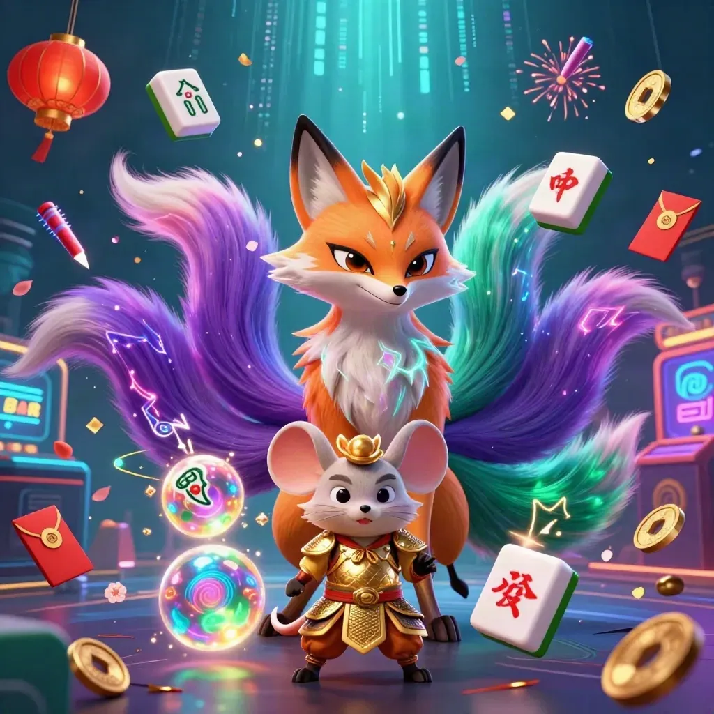 Nine-tailed fox spirit and samurai mouse amid slot symbols, lanterns, coins, and neon magic